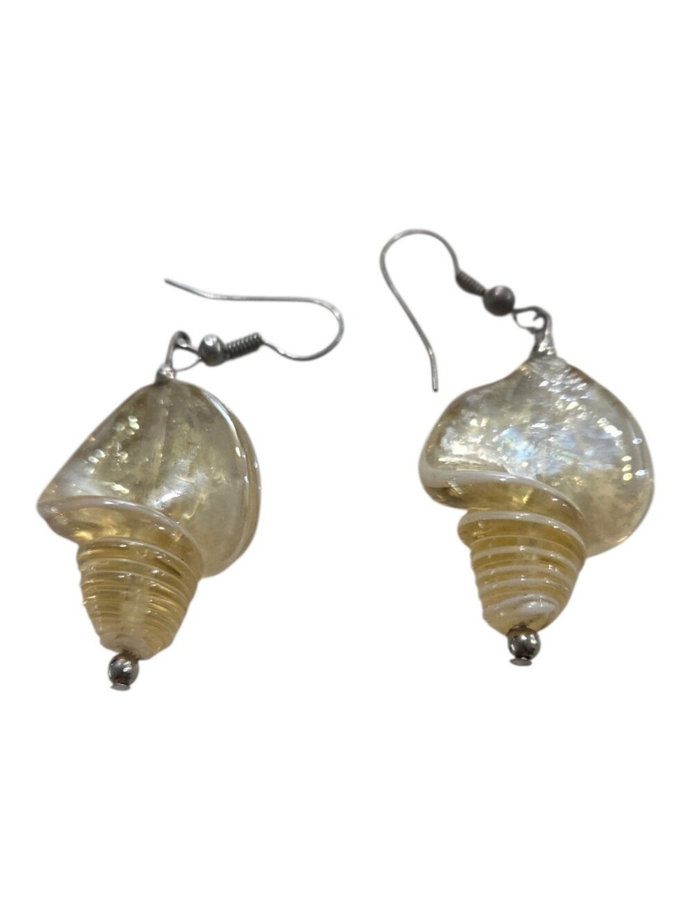 Vintage Iridescent Glass Conch Seashell Dangle Drop Earrings